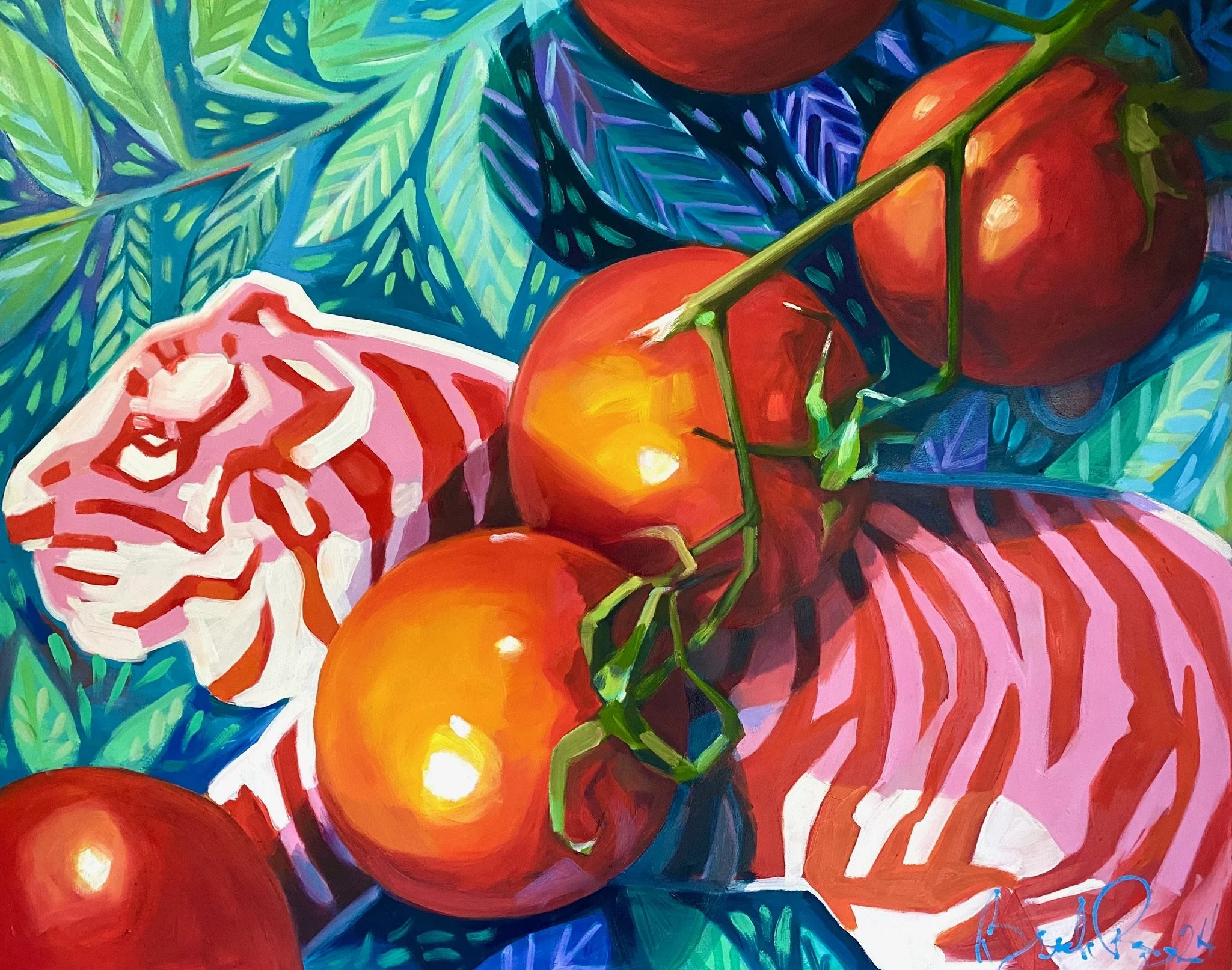 Tiger And Tomatoes - 30x 24" oil on 2" cradled panel, 2024