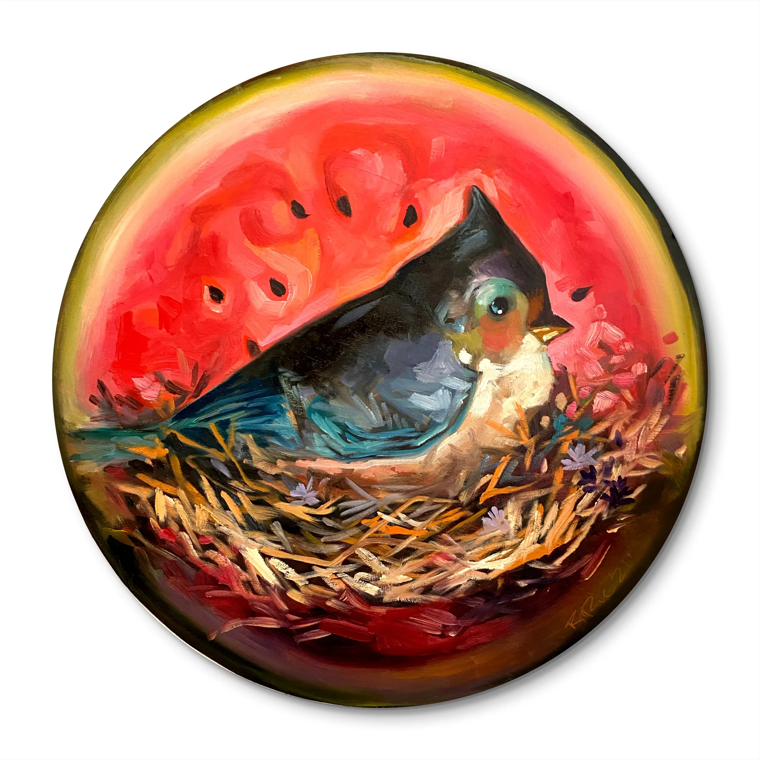Watermelon Tit Mouse - 14" oil on cradled panel 2024