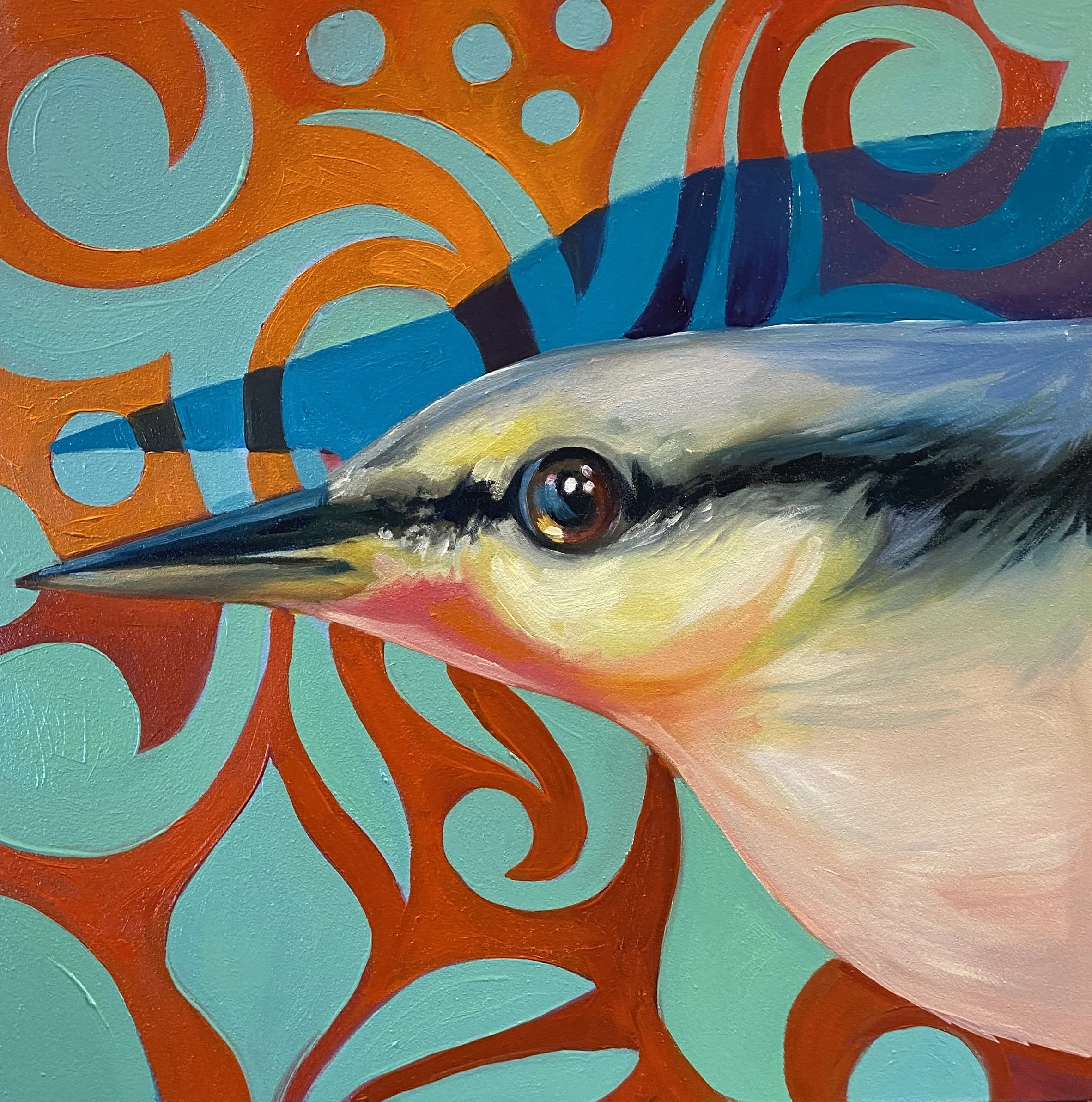 Nuthatch - 12 x 12" oil on 2" deep panel, 2024. 