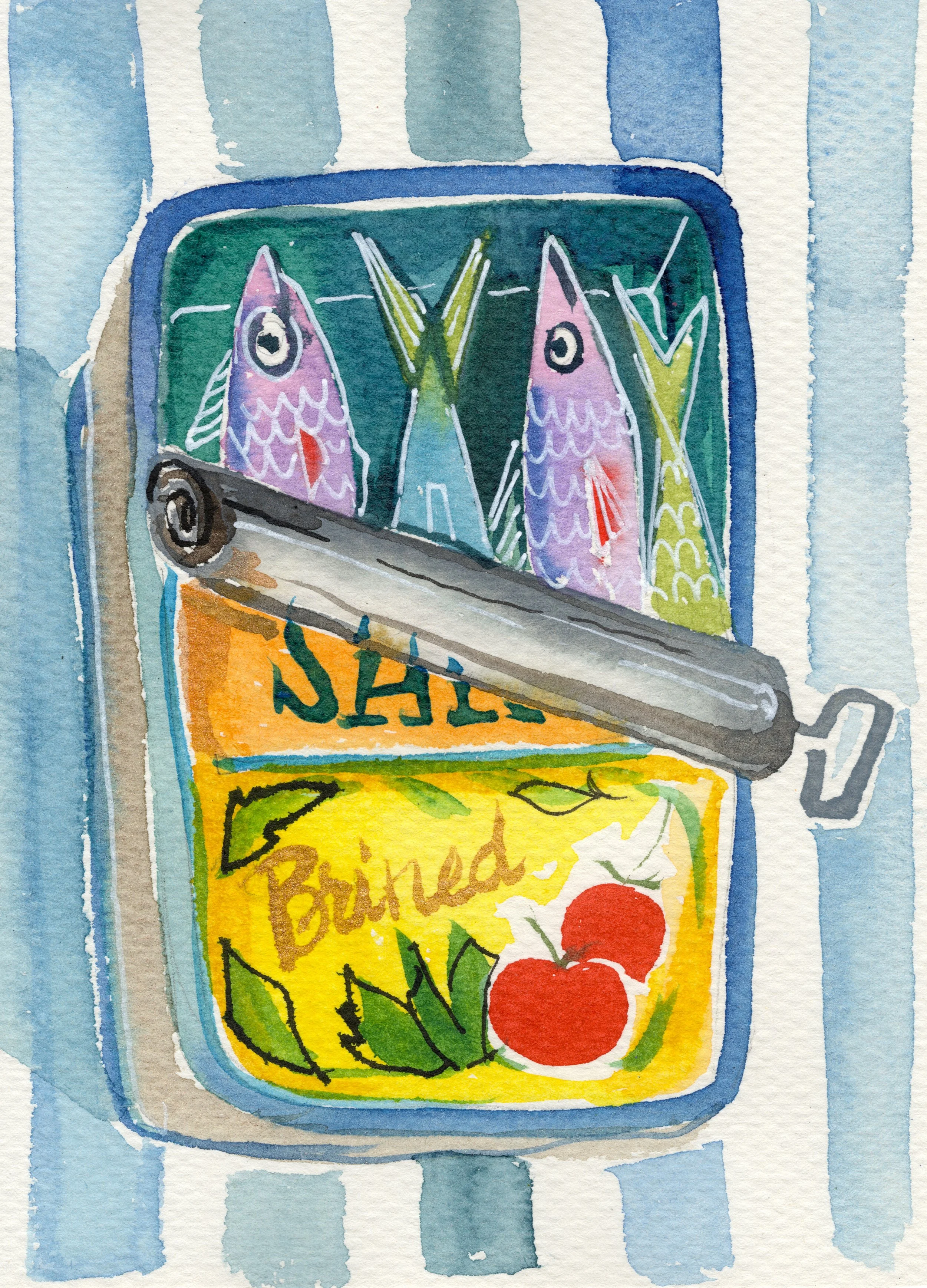 Sardines on Blue Stripes - Fine Art Print