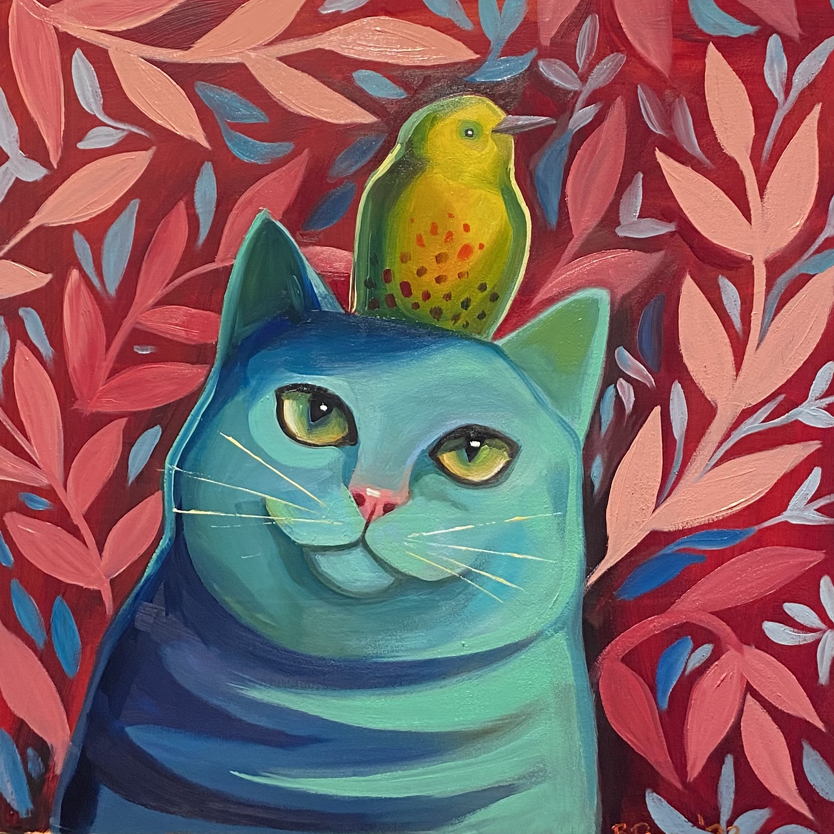 Cat and Bird - 12x12" oil on cradled panel, 2023