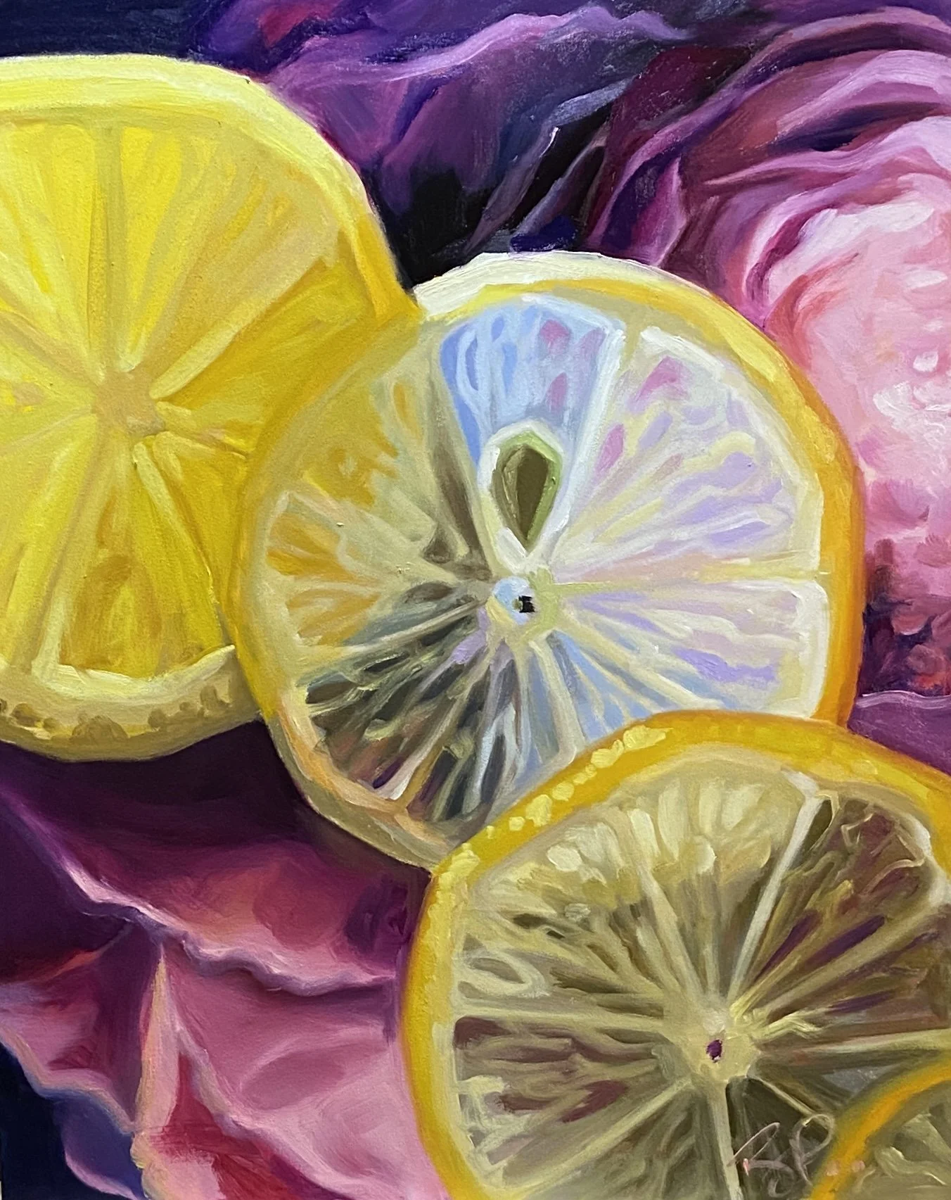 Lemons and Peonies - 16x20" oil on  2" cradled panel, 2024. 
