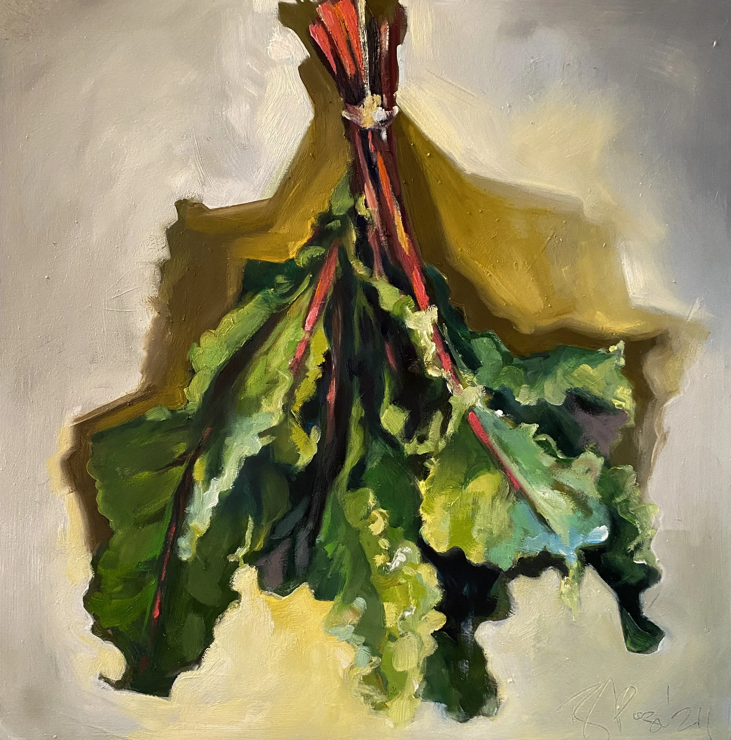 Beet Greens - 18x18" oil on 2" cradled panel, 2024. 