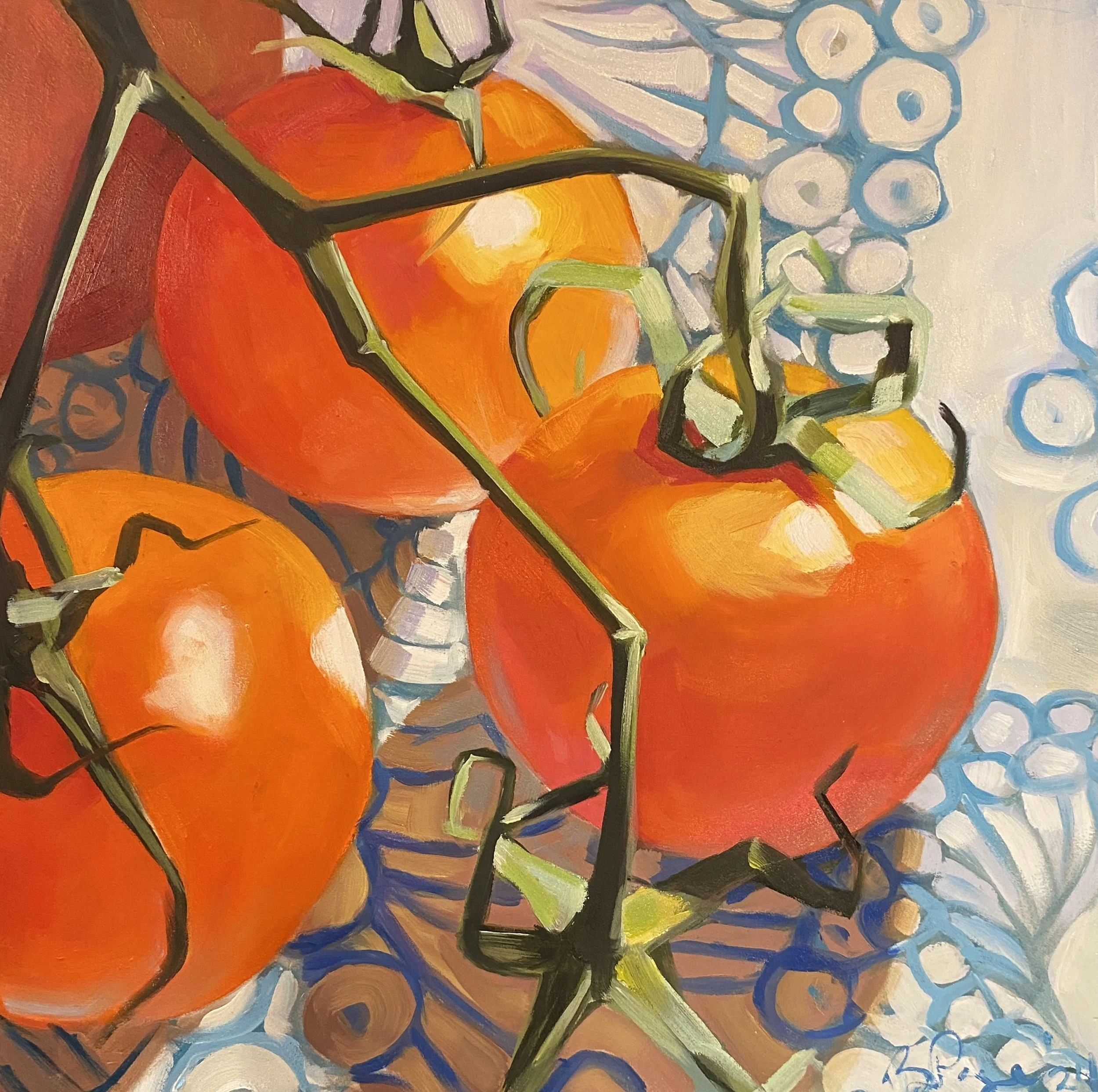SOLD - Tomatoes and Tentacles - 16x16” oil on 2” cradled panel, 2024.