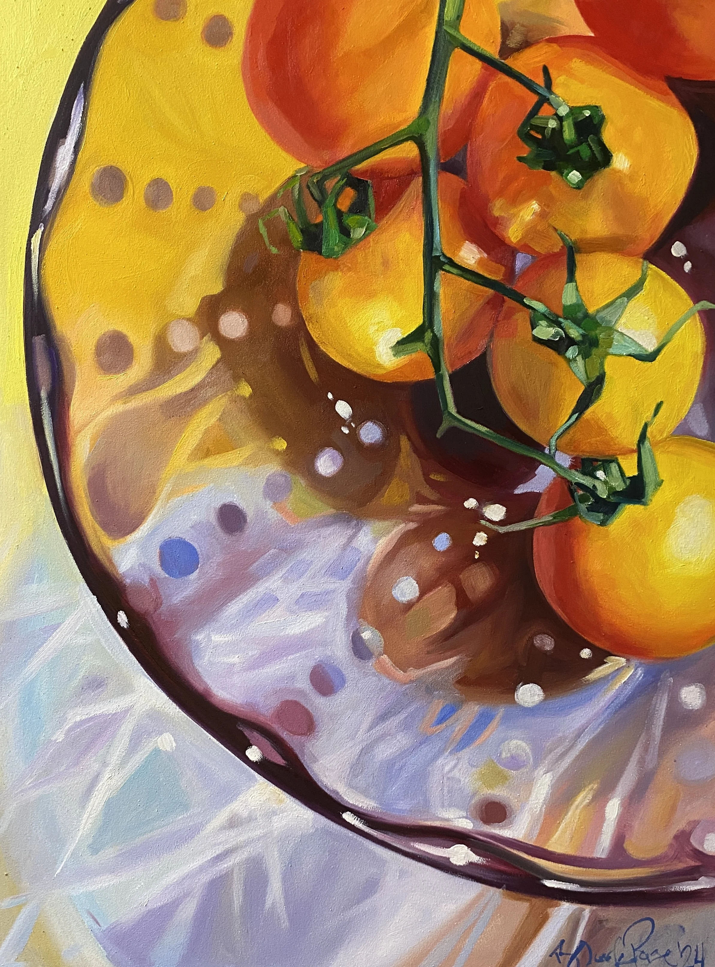 Golden Tomatoes in Glass - 18x24" oil on 2" cradled panel, 2024.