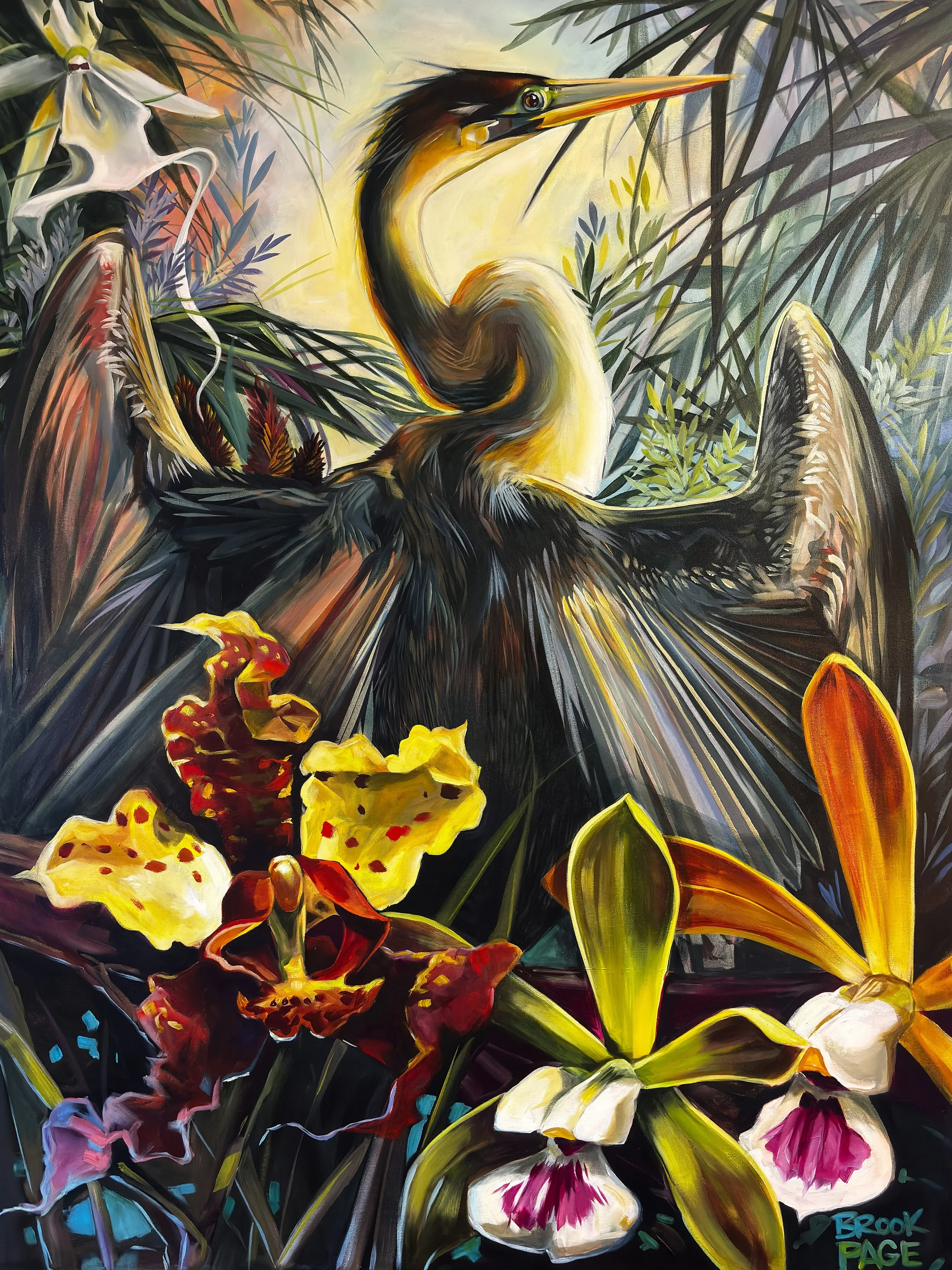 The Floridian Series  - Orchid Anhinga 48x60" acrylic on canvas, 2026.   Plum Gallery, St. Augustine, FL. 