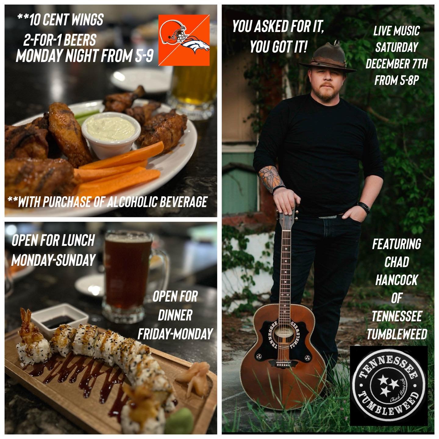 Some people still don&rsquo;t think our Monday night 10 cent wing deal is real. Well, it is but you should come see for yourself. 
And we&rsquo;re adding to the fun with live music on Saturdays starting at 5p. 
We&rsquo;ll be closed Thanksgiving Day 