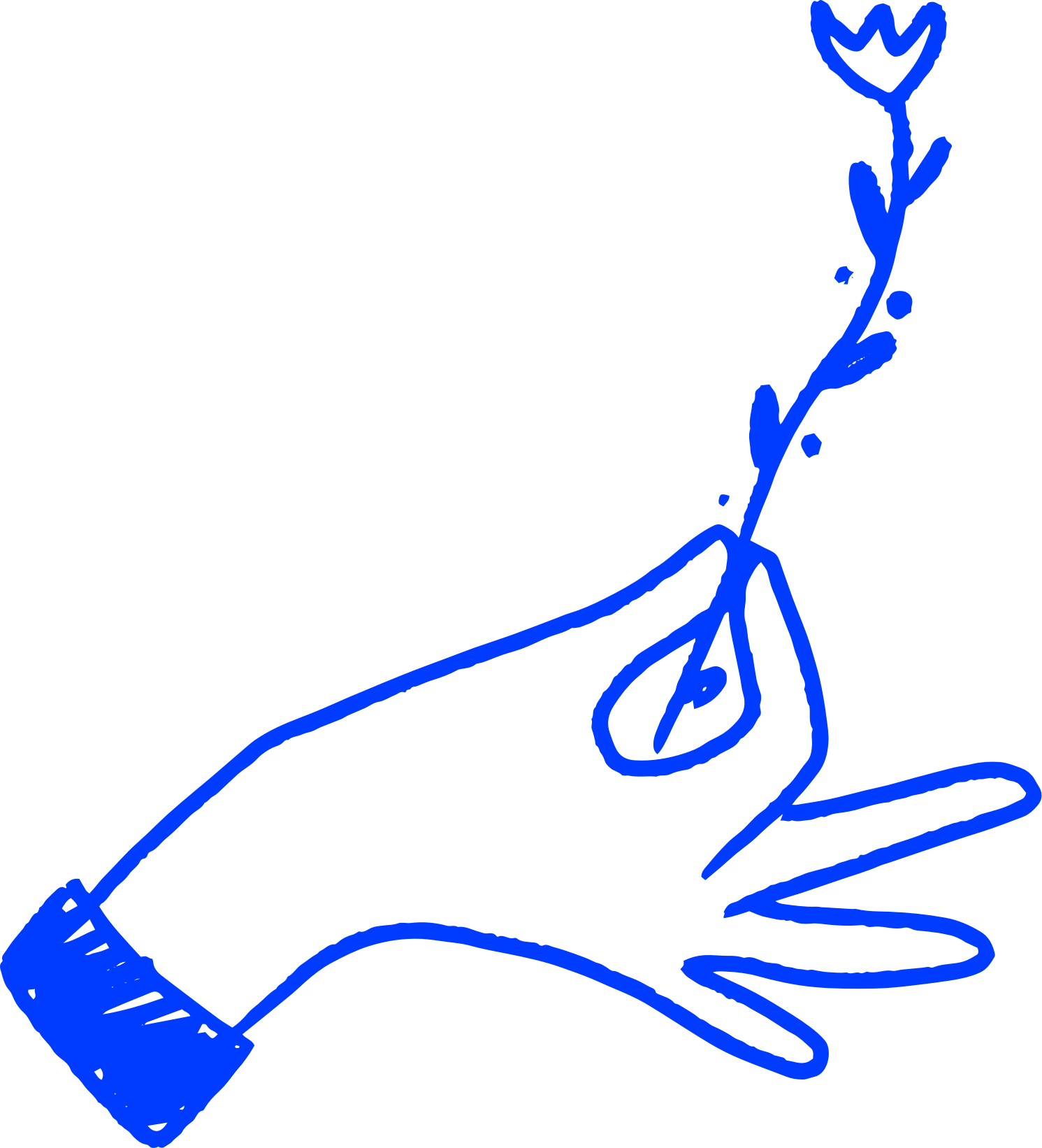 Eine einfache blaue Strichzeichnung einer Hand, die eine kleine Pflanze mit einer Blüte hält.