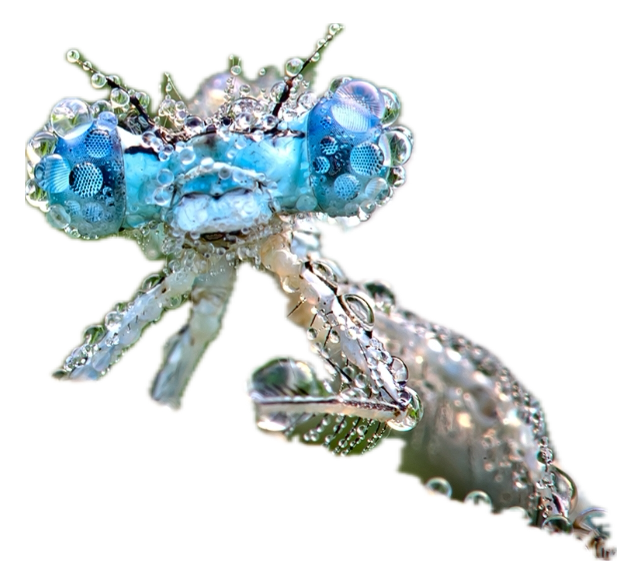 Nahaufnahme eines blauen Libelle mit Wassertröpfchen auf seiner Haut.