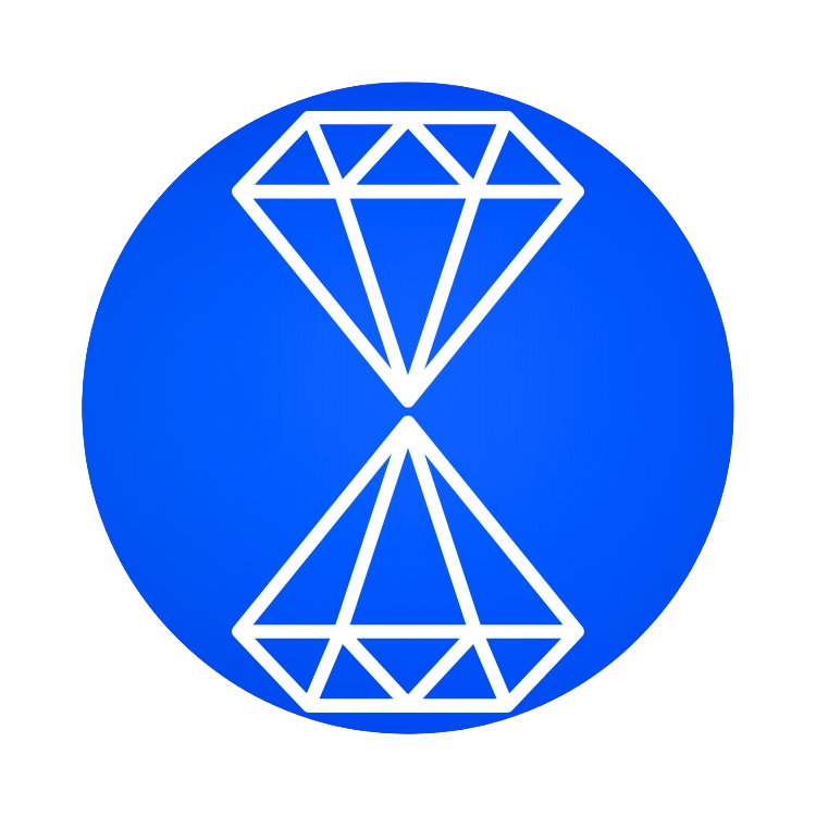 Ein blauer Kreis mit einem weißen, stilisierten Diamanten in der Mitte, gespiegelt vertikal.