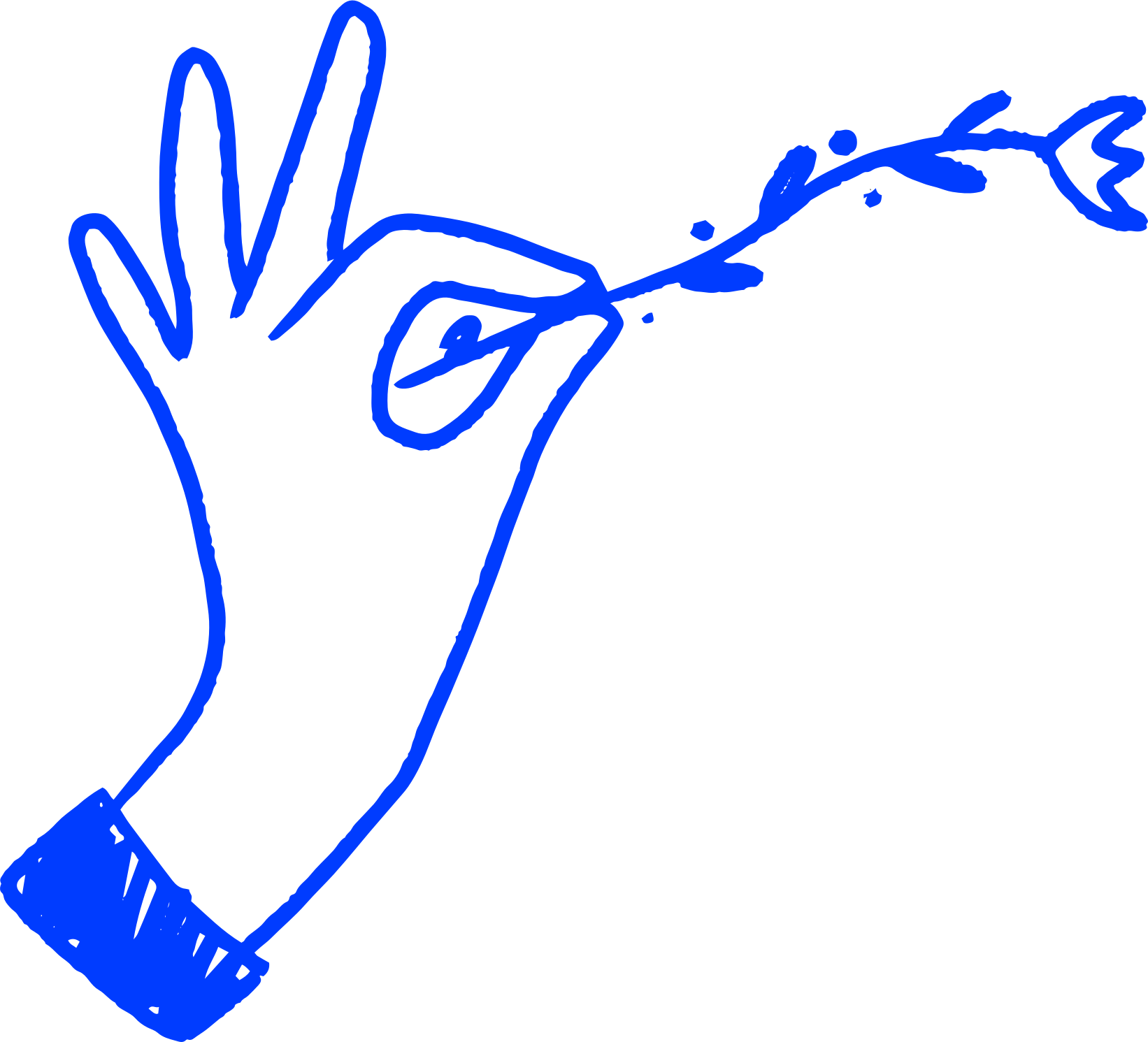 Hand, die eine Blume hält, im Skizzenstil, blau auf schwarz