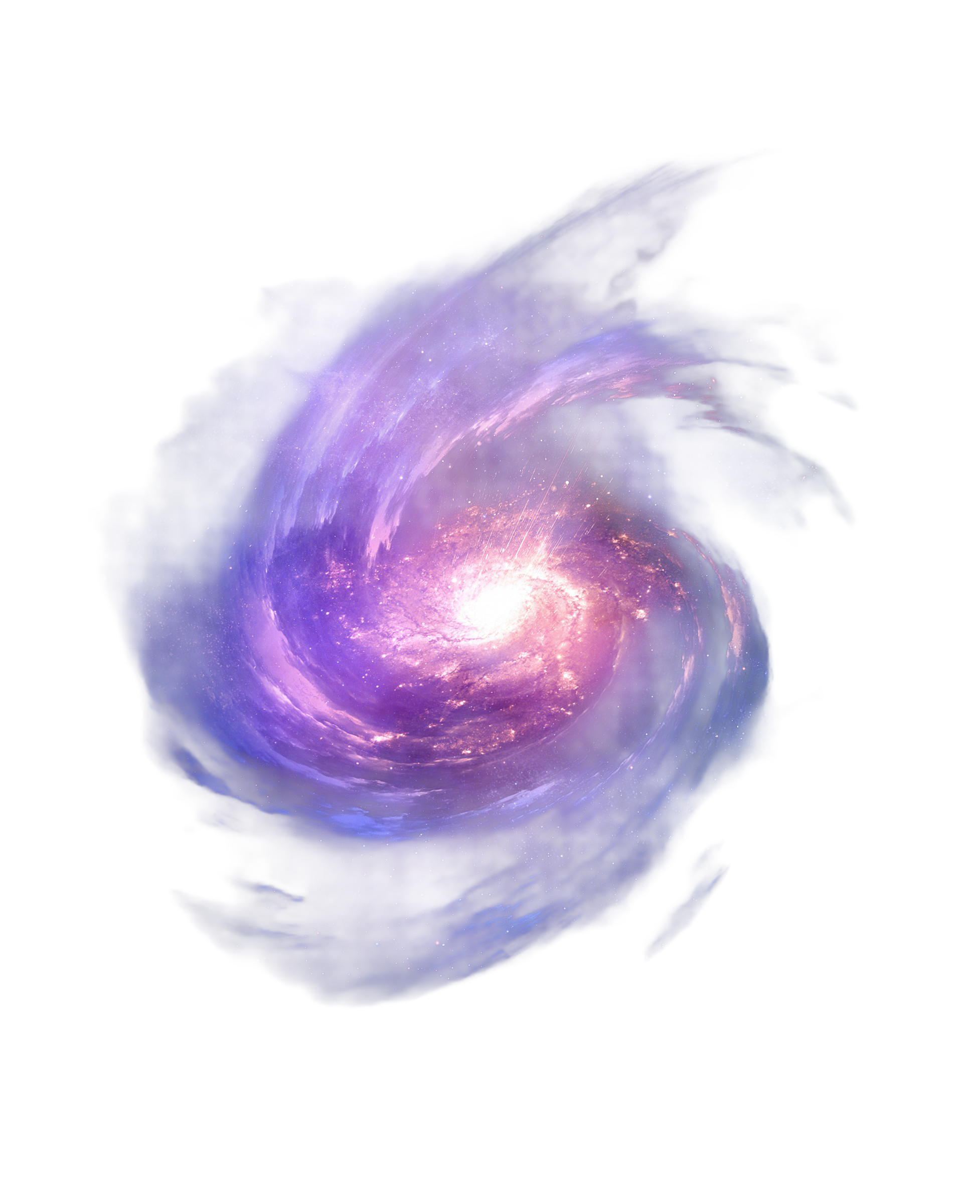 Bild einer spiralförmigen Galaxie im Weltraum mit hellem Zentrum und bläulich-violettem Farbverlauf