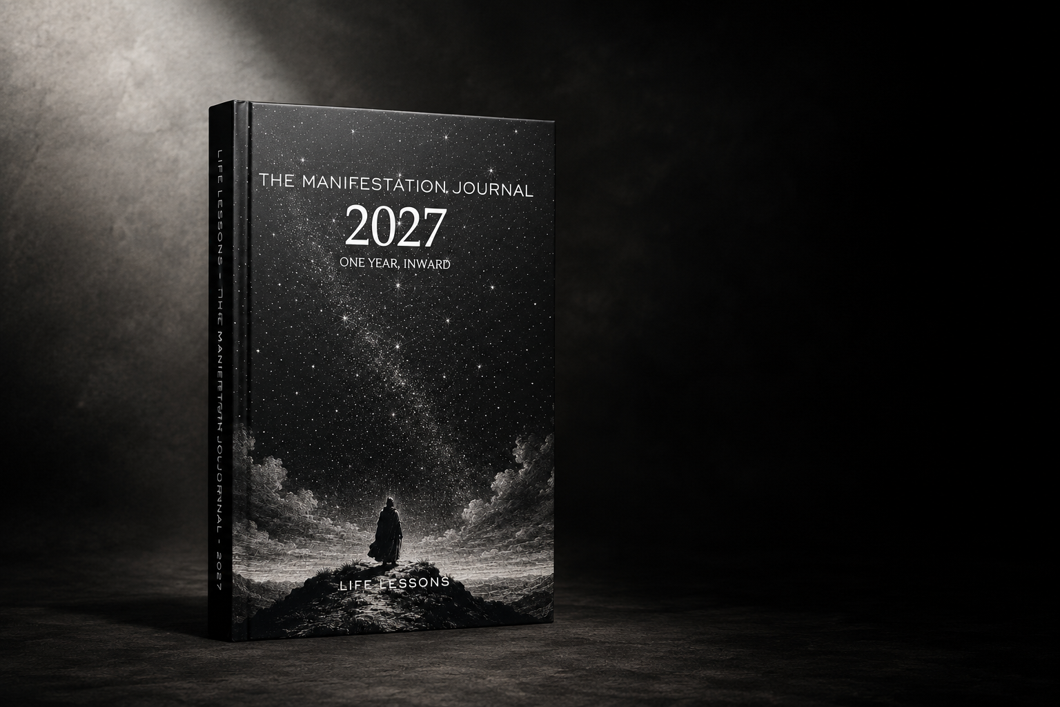 A black and white book titled 'The Manifestation Journal 2027' with the subtitle 'One Year, Inward' and the words 'Life Lessons' on the cover. The cover features an image of a person standing on a rocky surface, looking at a starry sky with a galaxy visible.