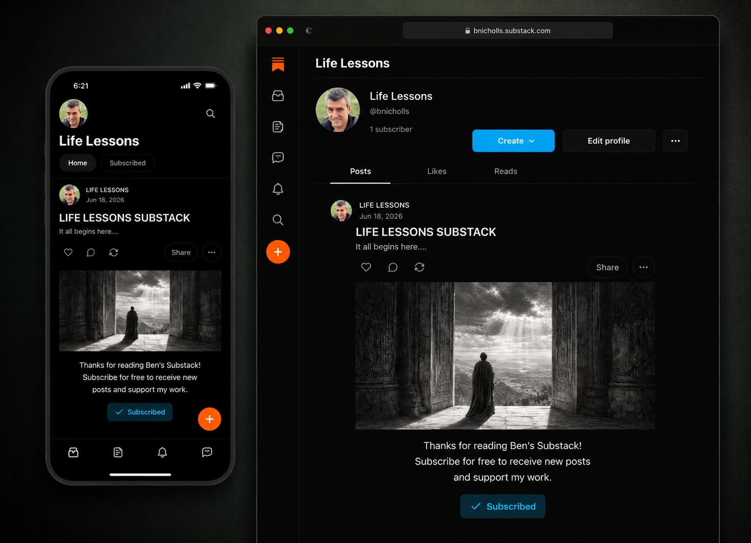 Screenshot of a mobile phone and a desktop computer showing a social media profile named 'Life Lessons'. The profile features a profile picture of a man, a post titled 'LIFE LESSONS SUBSTACK' with the date June 18, 2026, and an image of a person standing in front of an ancient stone doorway overlooking a landscape. The post text thanks readers and invites them to subscribe for updates.