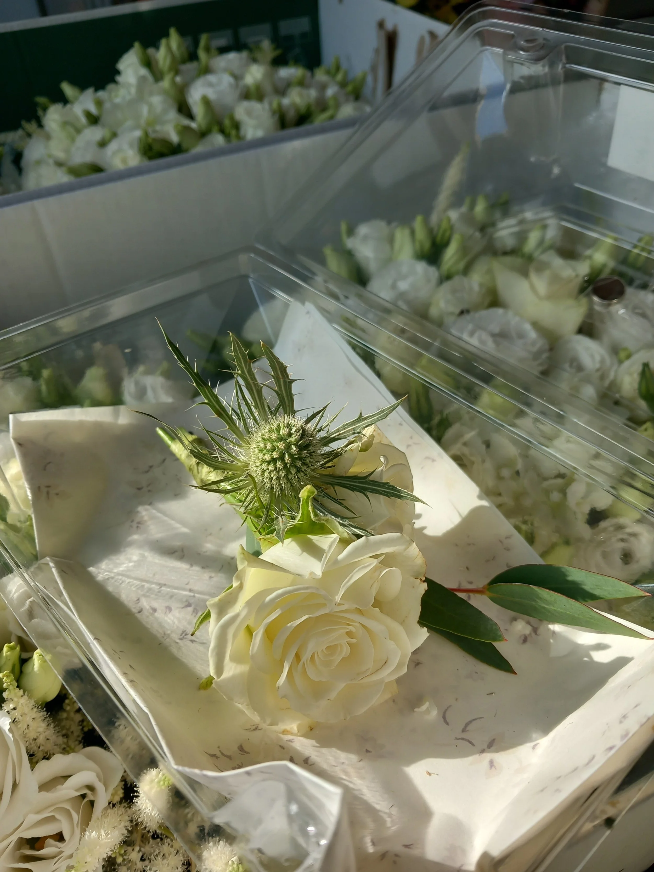 white corsage with lisianthus and mesh ribbon and diamonds for a classy, modern style