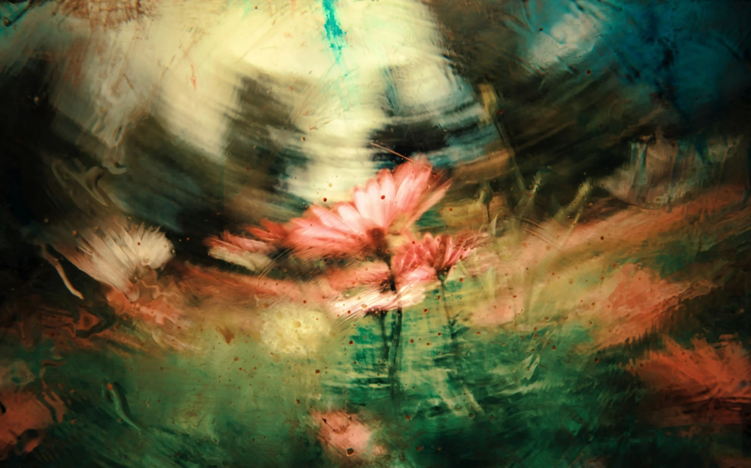 calming, abstract peach flower with green background
