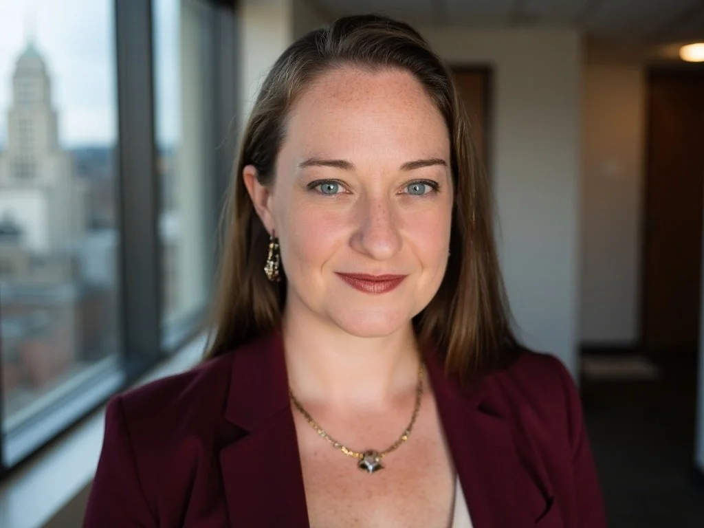 A woman with long brown hair, blue eyes, and light skin, wearing a burgundy blazer, gold jewelry, and smiling, standing in a modern office with large windows showing a cityscape.