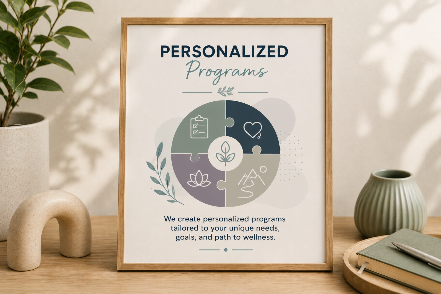 A framed sign titled "Personalized Programs" with a circular puzzle graphic containing icons of a clipboard, a heart, a plant, and mountains, on a wooden desk with a potted plant, a beige arch sculpture, a small green vase, and a notebook with a pen.