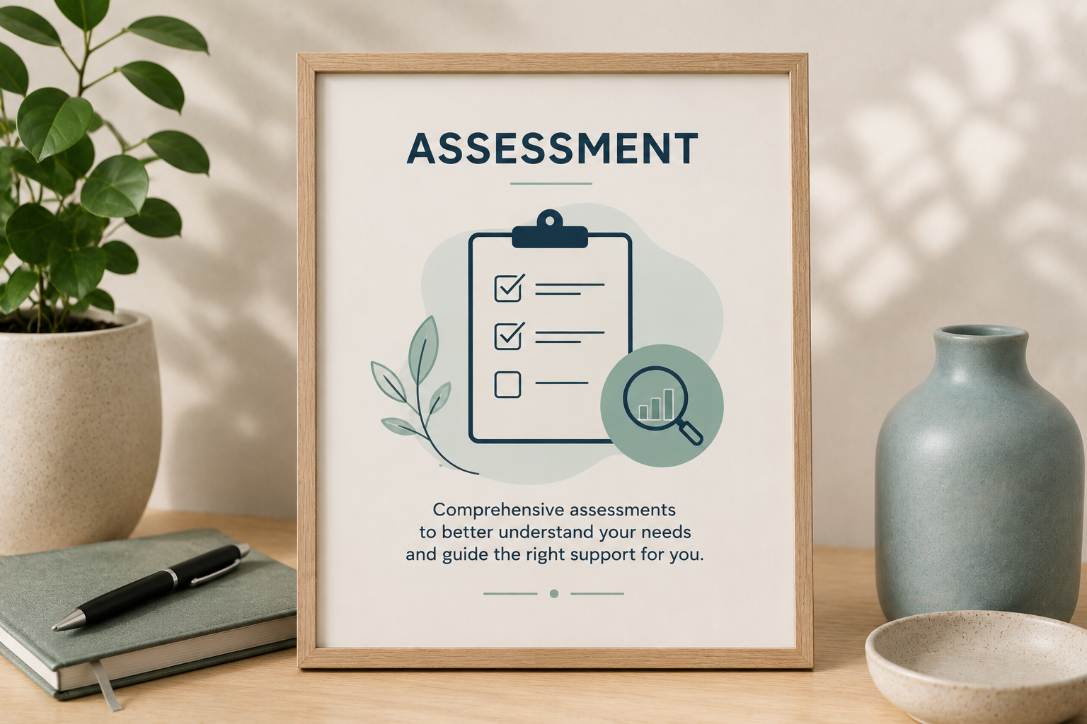 Framed poster with the word 'Assessment' and icons of a checklist and magnifying glass, with text about comprehensive assessments to understand needs and support.