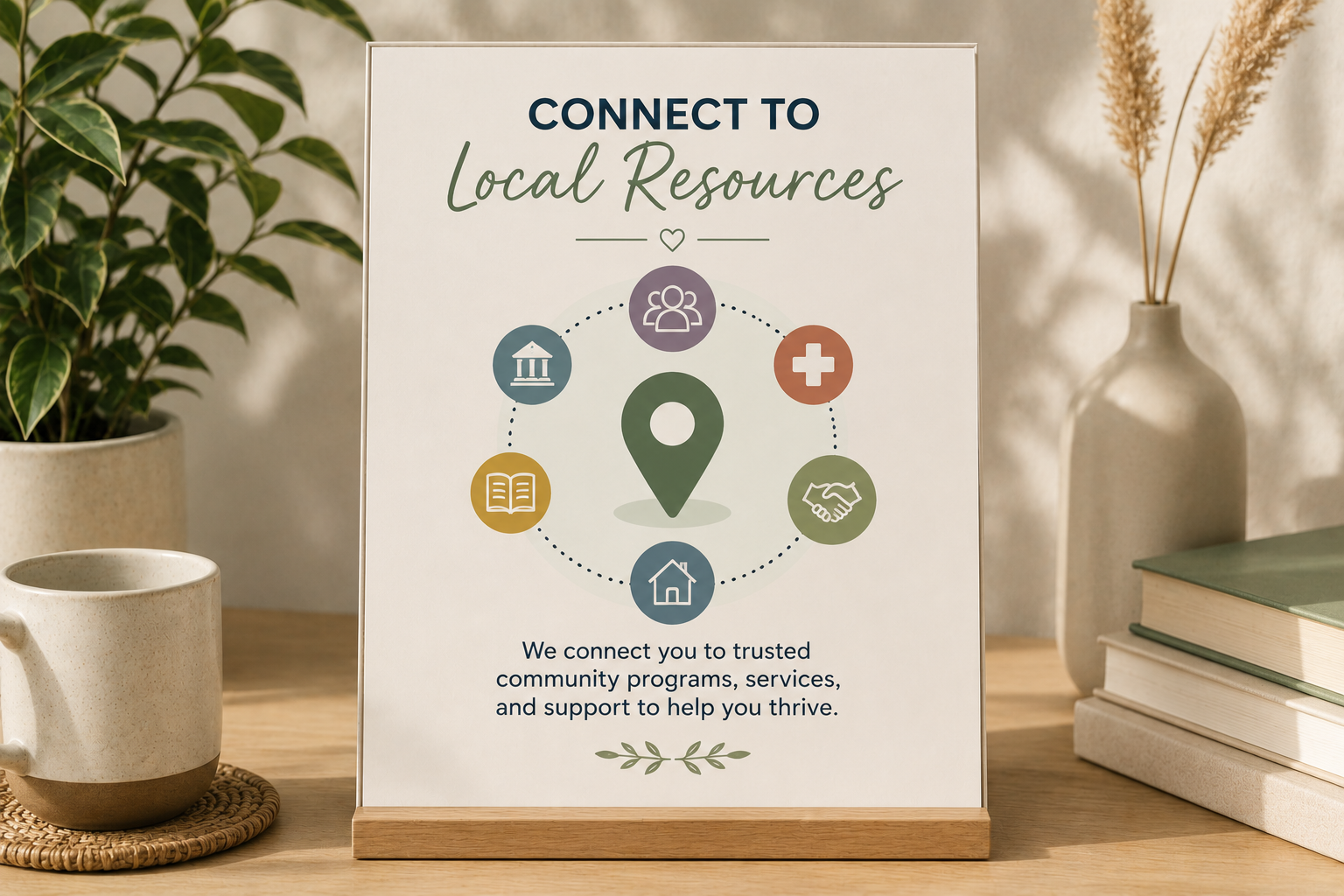 Sign promoting connection to local community resources with icons for government, education, health, environmental, customer support, and home services on a desk with plants, mug, and books.