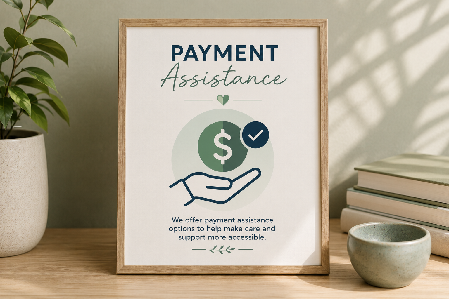 Signboard reading 'Payment Assistance' with a dollar sign, checkmark, and hand illustration, and a description text about offering payment options to make care more accessible, placed on a wooden desk with a potted plant and stacked books nearby.