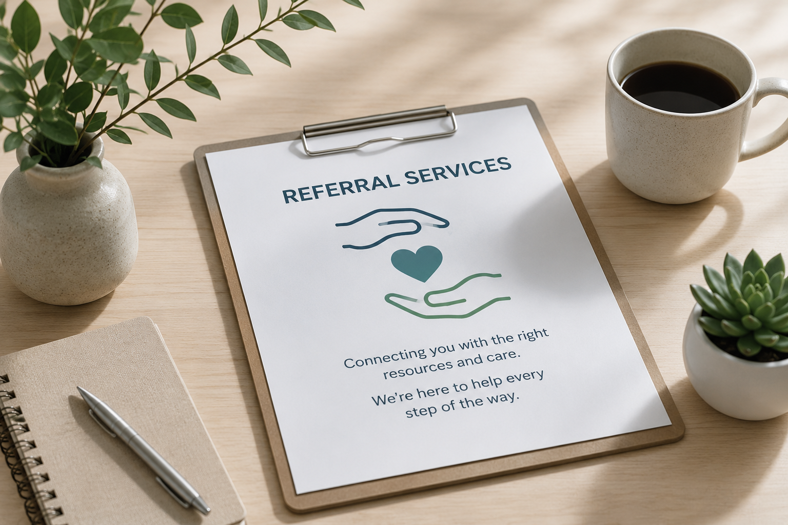 A clipboard with a paper titled 'Referrral Services' including a graphic of two hands holding a heart and text about connecting resources. The clipboard is on a wooden desk alongside a notebook, pen, potted plants, a notebook, and a cup of coffee.