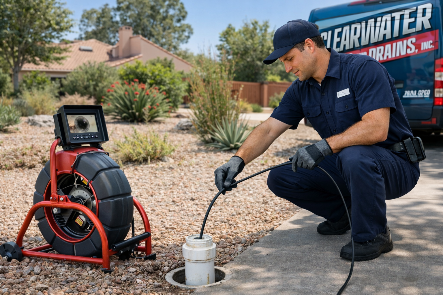 A technician performing a sewer line inspection using a no-dig camera and monitor in a residential backyard with desert landscaping.
