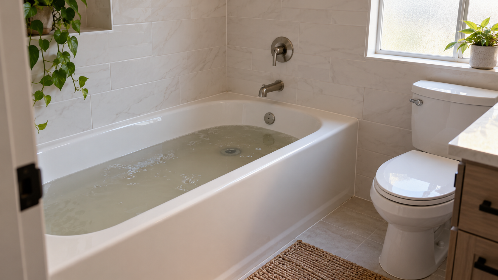Modern Bathroom with Murky Tub Water
