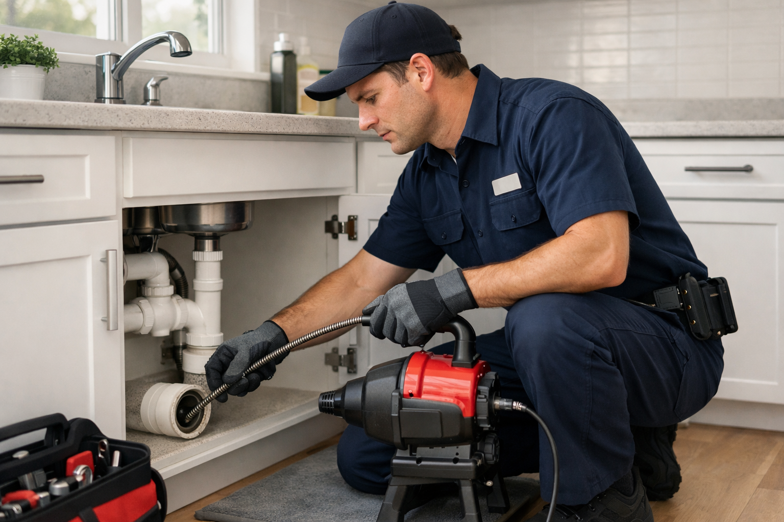 A plumber inspecting under a kitchen sink while kneeling on the floor, holding a plumbing snake with a red control box, wearing a navy uniform and gloves.