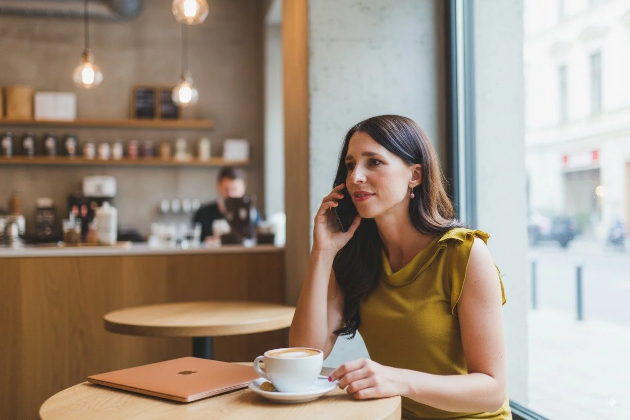 Christiane Germann von amtzweinull sitzt in einem Café neben einem großen Fenster, spricht am Telefon, hat eine Tasse Kaffee vor sich und ein Laptop auf dem Tisch.