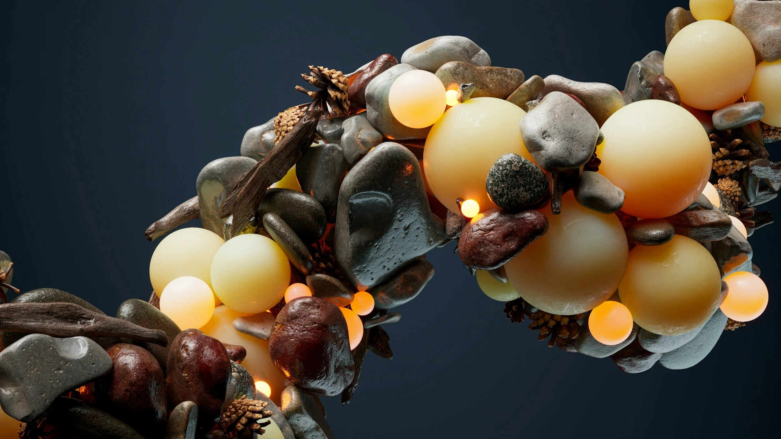 Decorative arrangement of rocks, pinecones, twigs, and glowing orb lights against a dark background.