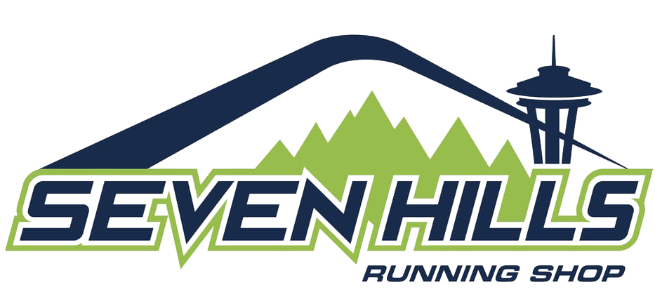 Logo for Seven Hills Running Shop, featuring stylized mountain peaks, a cable car, and bold text.