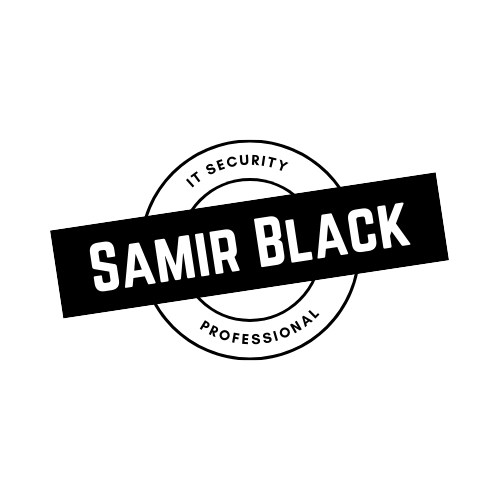 Black background with white text reading 'SAMIR BLACK' in bold, uppercase letters, diagonally centered.
