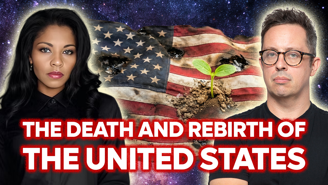 A woman and a man stand in front of a damaged American flag with a space background. A small green plant sprouts from the ground in front of the flag. Text in bold white and red letters reads, 'The Death and Rebirth of the United States.'