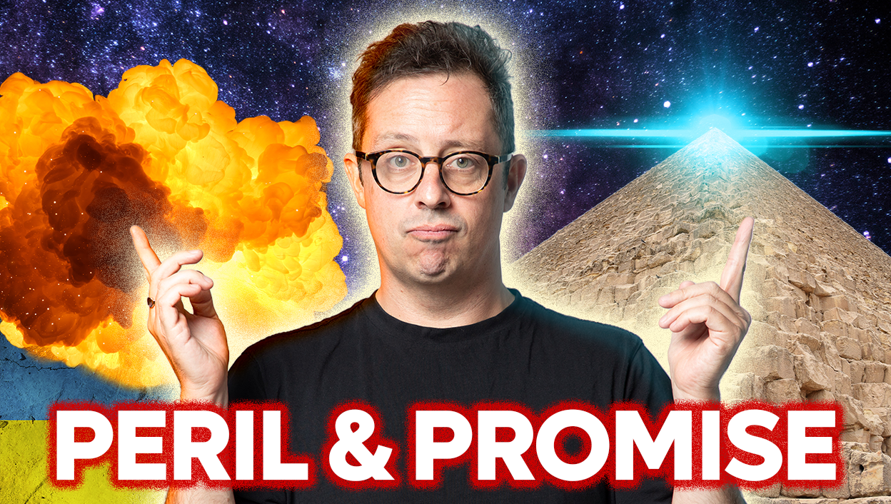 A man with glasses and short hair pointing upwards with both hands, with a backdrop of an explosion on the left and a pyramid in space on the right, and the text "PERIL & PROMISE" in bold red and white at the bottom.
