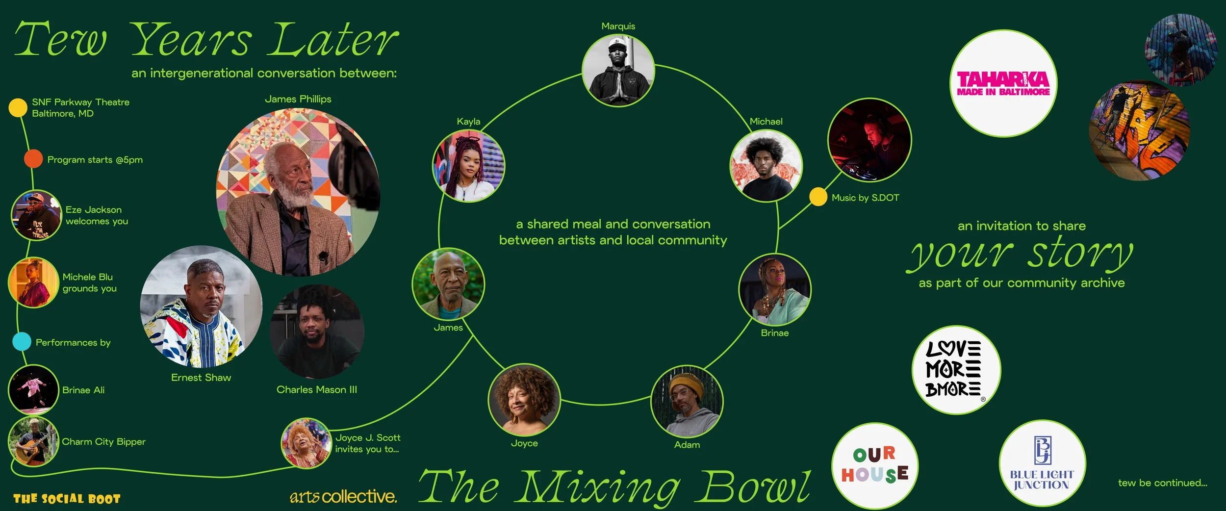 Promotional graphic for Tew Years Later, a Mixing Bowl gathering featuring an intergenerational artist conversation, shared meal, performances, and community storytelling.