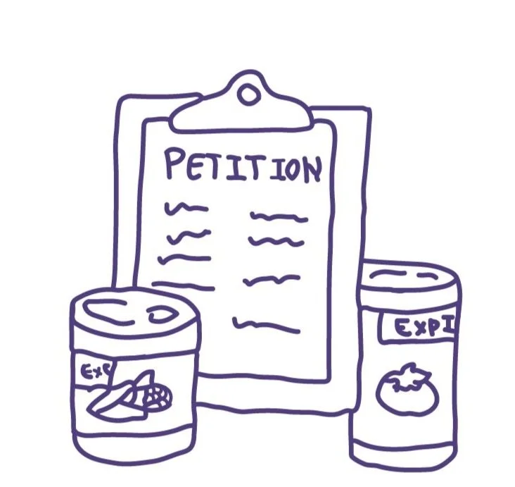 Hand-drawn illustration of a petition form on a clipboard, with canned food items labeled "EXP" for expiration, featuring images of vegetables and fruit.