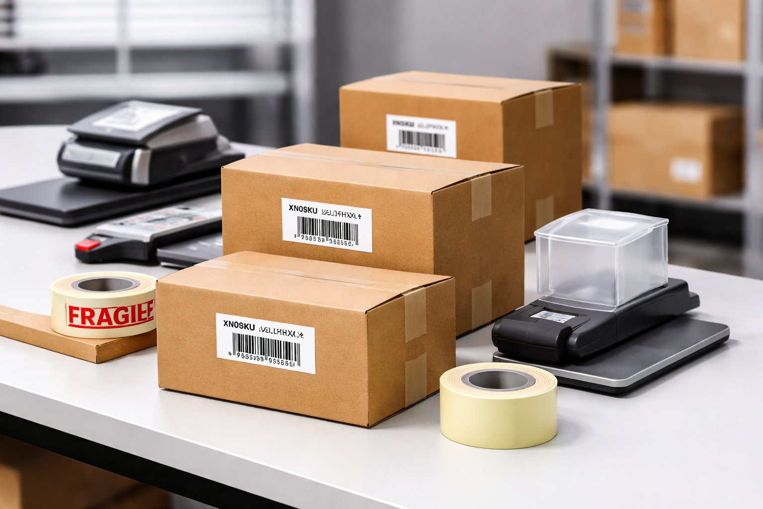 Packaging and shipping supplies on a table, including cardboard boxes with barcodes, packing tape labeled "FRAGILE," a scale, and other office tools.