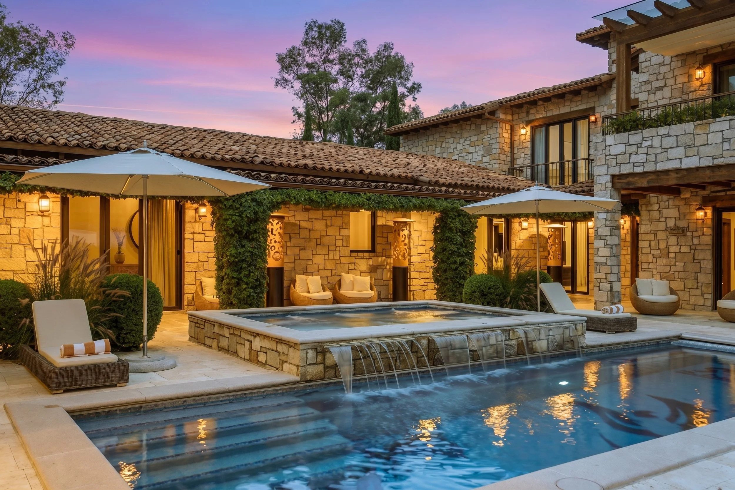 San Miguel de Allende luxury real estate photography. Luxury house with stone exterior, outdoor patio seating with beige cushioned chairs and striped towels, large umbrellas, and a pool with a waterfall feature at sunset.