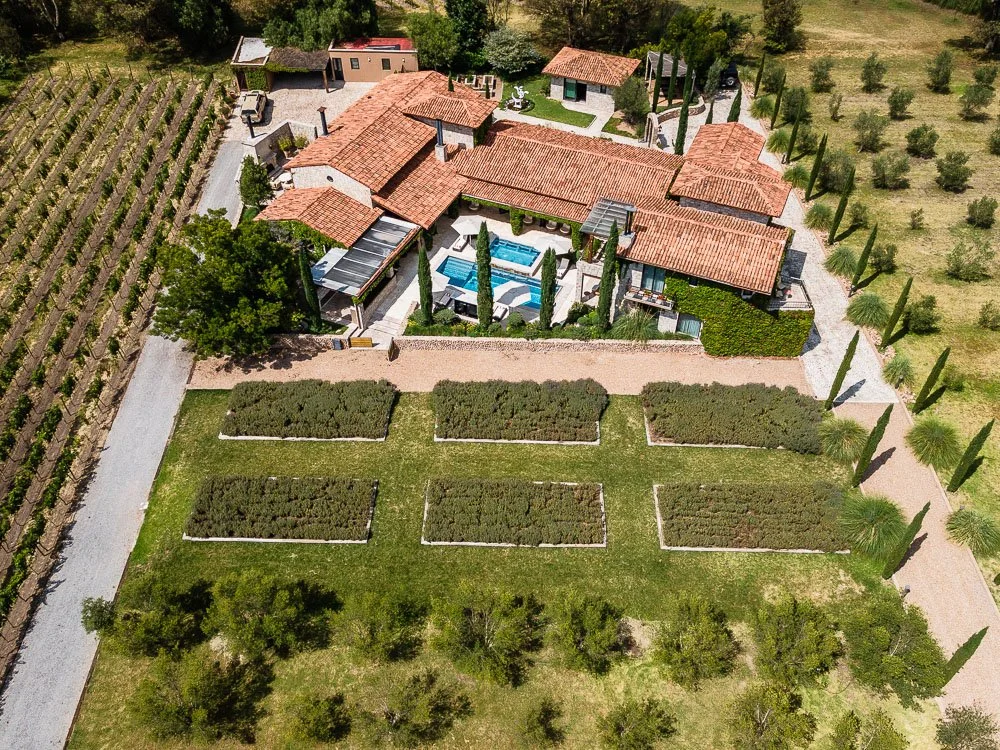 Aerial view of a large estate with a main house, a swimming pool, and surrounding landscaped gardens, set amidst vineyards and rows of trees.