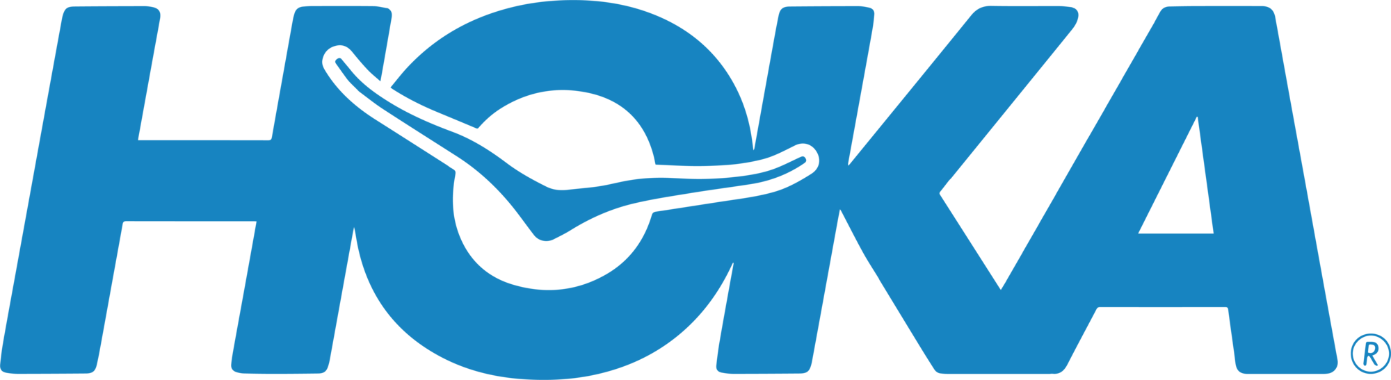 Logo de la marque HOKA, en lettres bleues avec un symbole stylisé