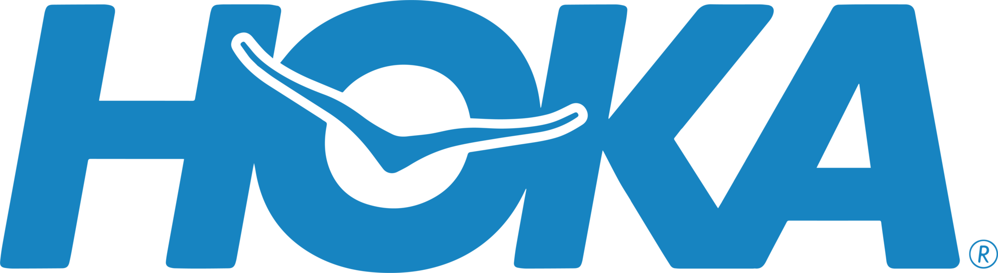 Logo de la marque HOKA avec le nom en bleu.