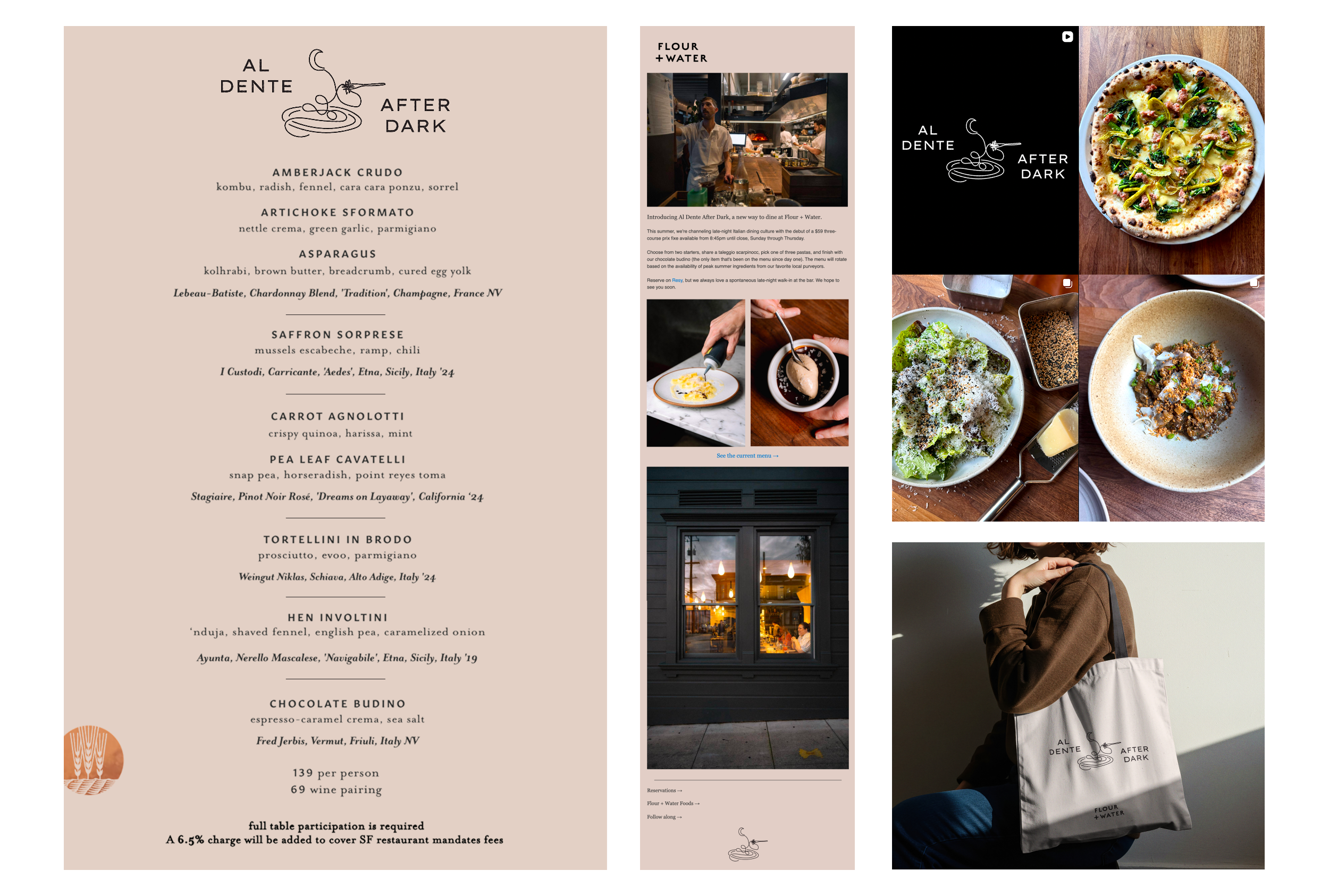 Al Dente After Dark illustration live on menu, social media, and email with a potential merch mockup