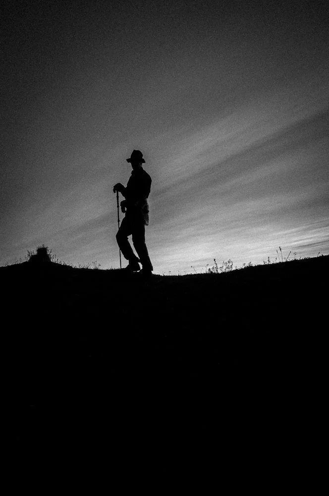 Silhouette of a person standing on a hill holding a walking stick, with a cloudy sky in the background.
