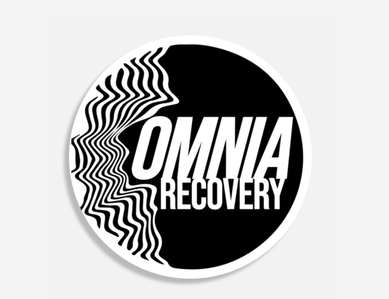 Black and white circular logo with wavy lines on the left side, and the words "OMNA RECOVERY" in bold, white letters on the right side.