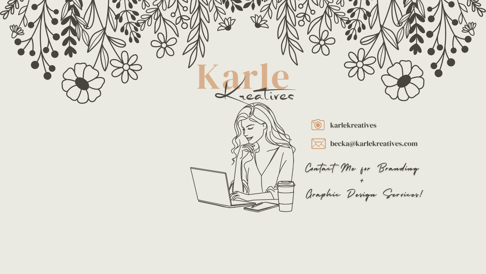 Business card for Karle Kreatives featuring floral border at the top, a line drawing of a woman with long hair working on a laptop, contact information including social media and email, and text about branding and graphic design services.