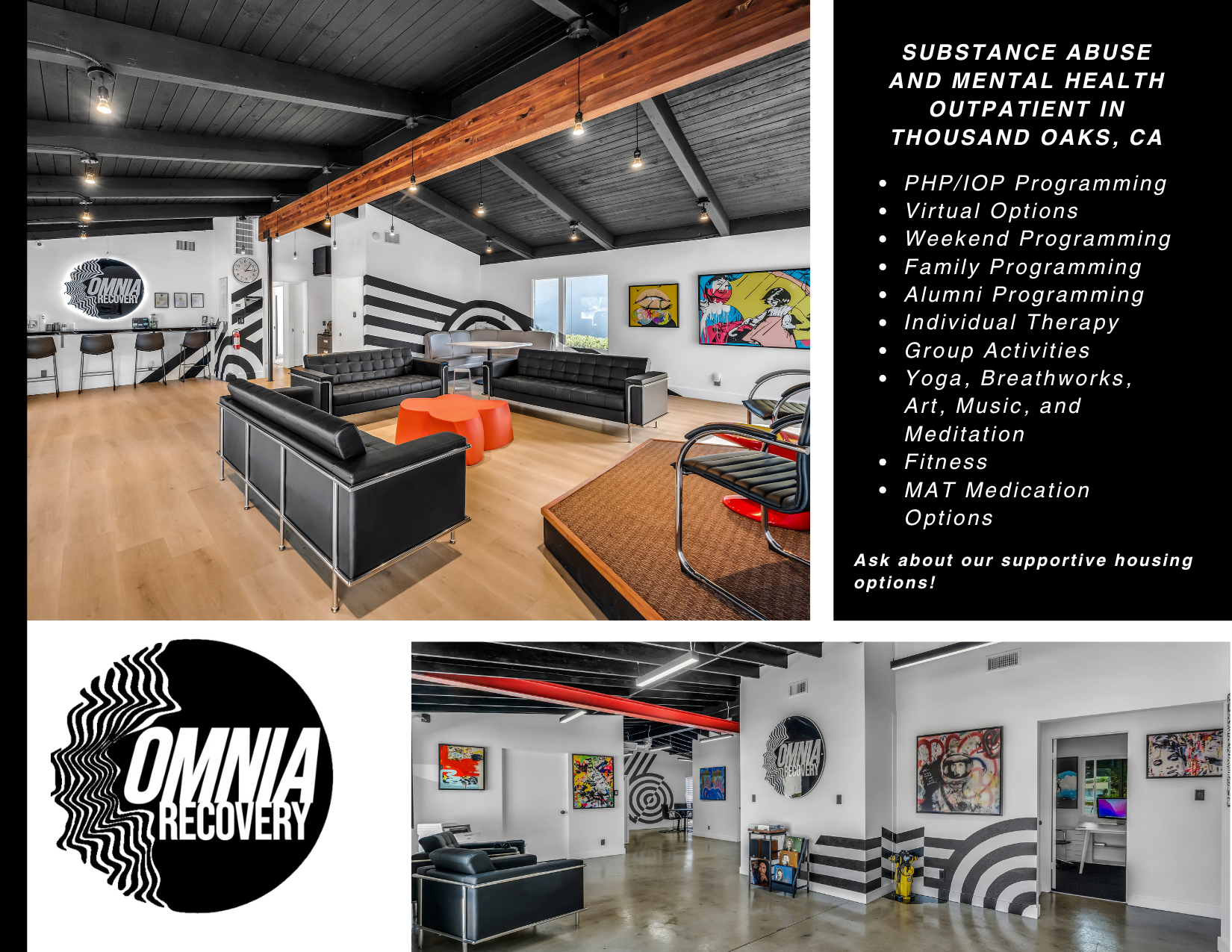 A welcoming mental health outpatient facility with modern decor, black leather couches, artwork on the walls, and a reception area. Text overlay describes services like therapy, group activities, fitness, and medication options, and mentions supporti