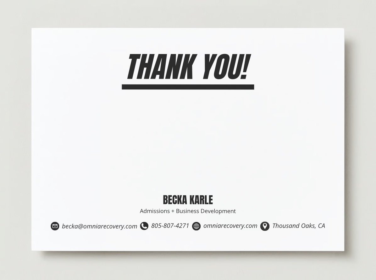 A thank you card with the text 'Thank You!', and contact information including email, phone number, website, and location in Thousand Oaks, California.
