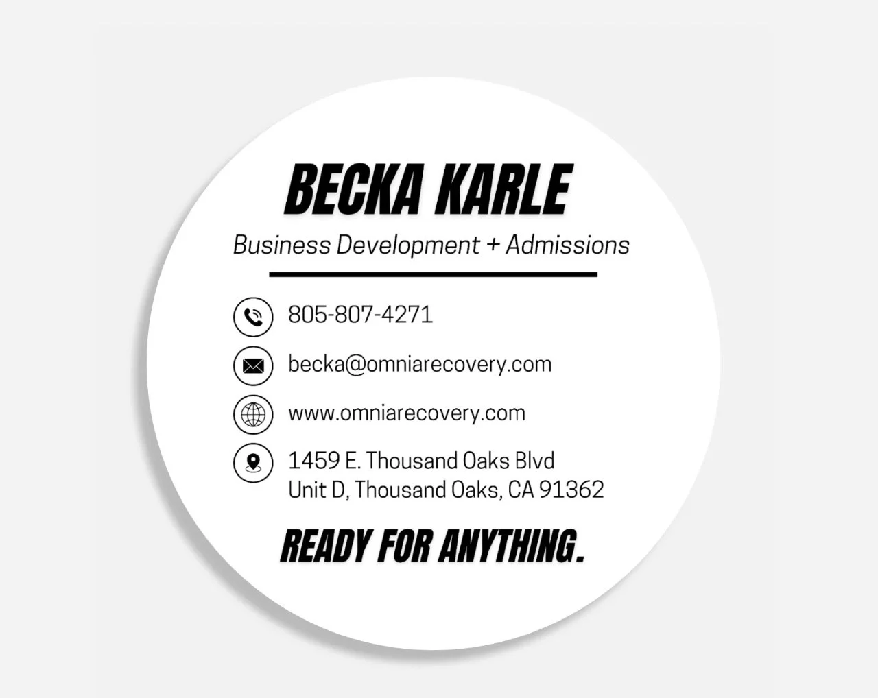 Business card for Becka Karle, offering business development and admissions services. Includes phone number, email, website, and physical address in Thousand Oaks, California.