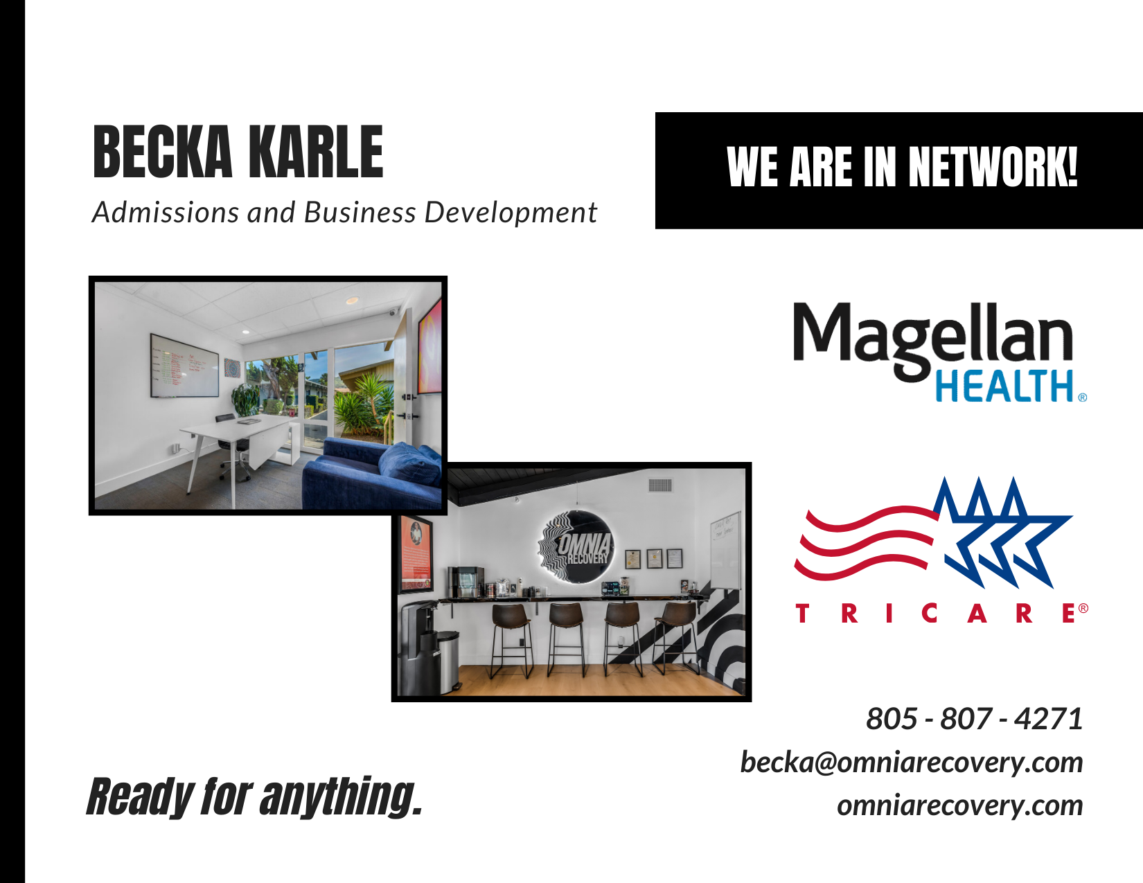 An advertisement filled with text and images for Becka Karle in the field of admissions and business development, including interior photos of office spaces, logos of Magellan Health, TriCare, and Omni Recovery, contact information, and the tagline '